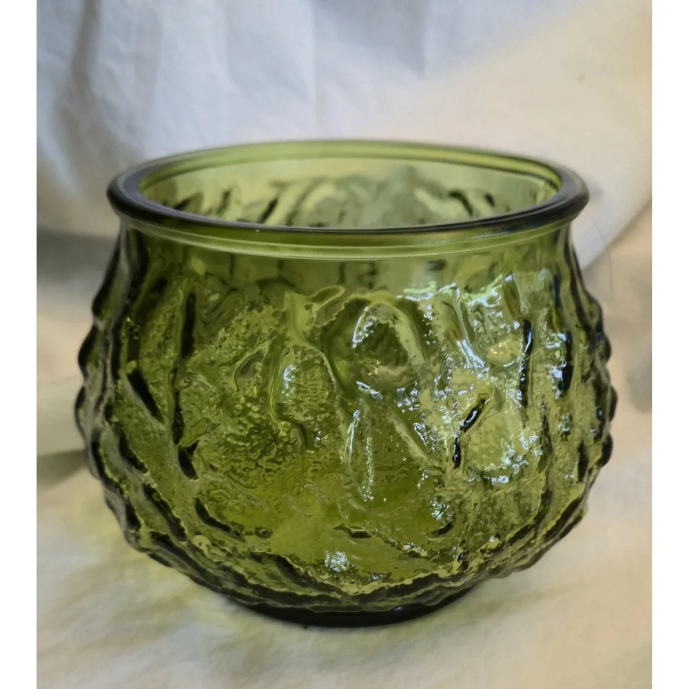 Vintage EO Brody Co Green Crinkle Glass Bowl Vase Mid Century Modern USA Made